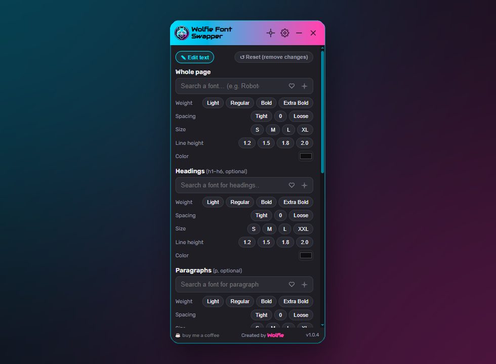 The Wolfie Font Swapper popup